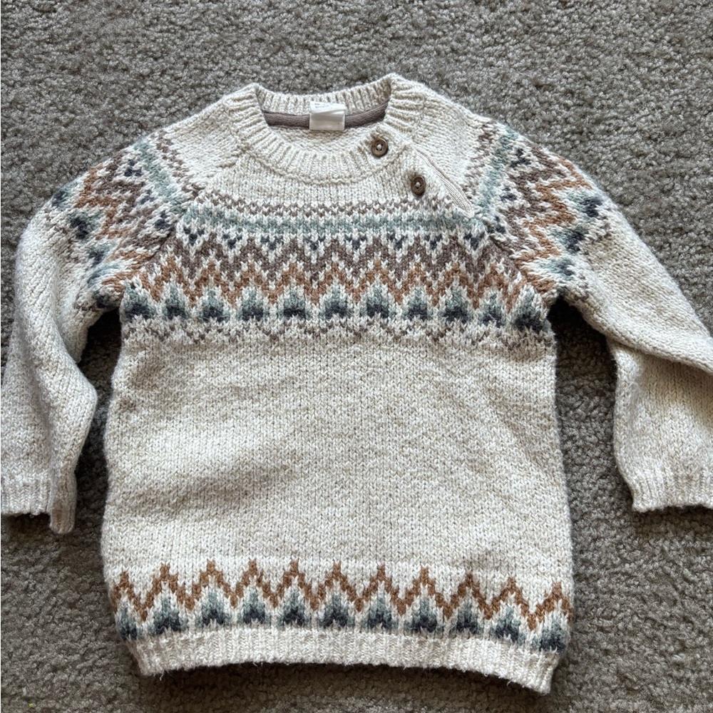 H&M Cream and Brown Patterned Crewneck Sweater